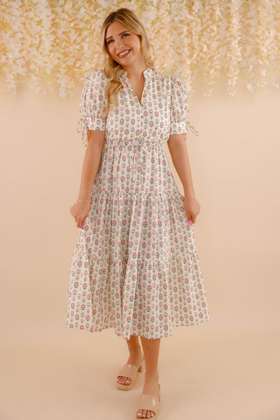 Floral Cotton Maxi Dress- Short Sleeve Dresses for Women- Entro Midi Dress