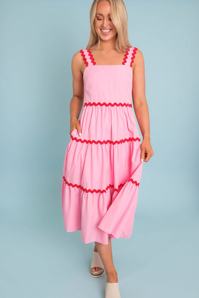 Women's Hot Pink Midi Dress- Pink and Red RicRac Dress- Entro Ric Rac Midi Dress