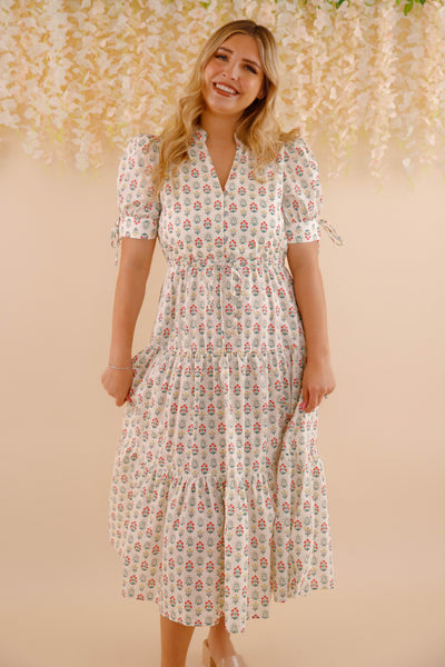 Floral Cotton Maxi Dress- Short Sleeve Dresses for Women- Entro Midi Dress