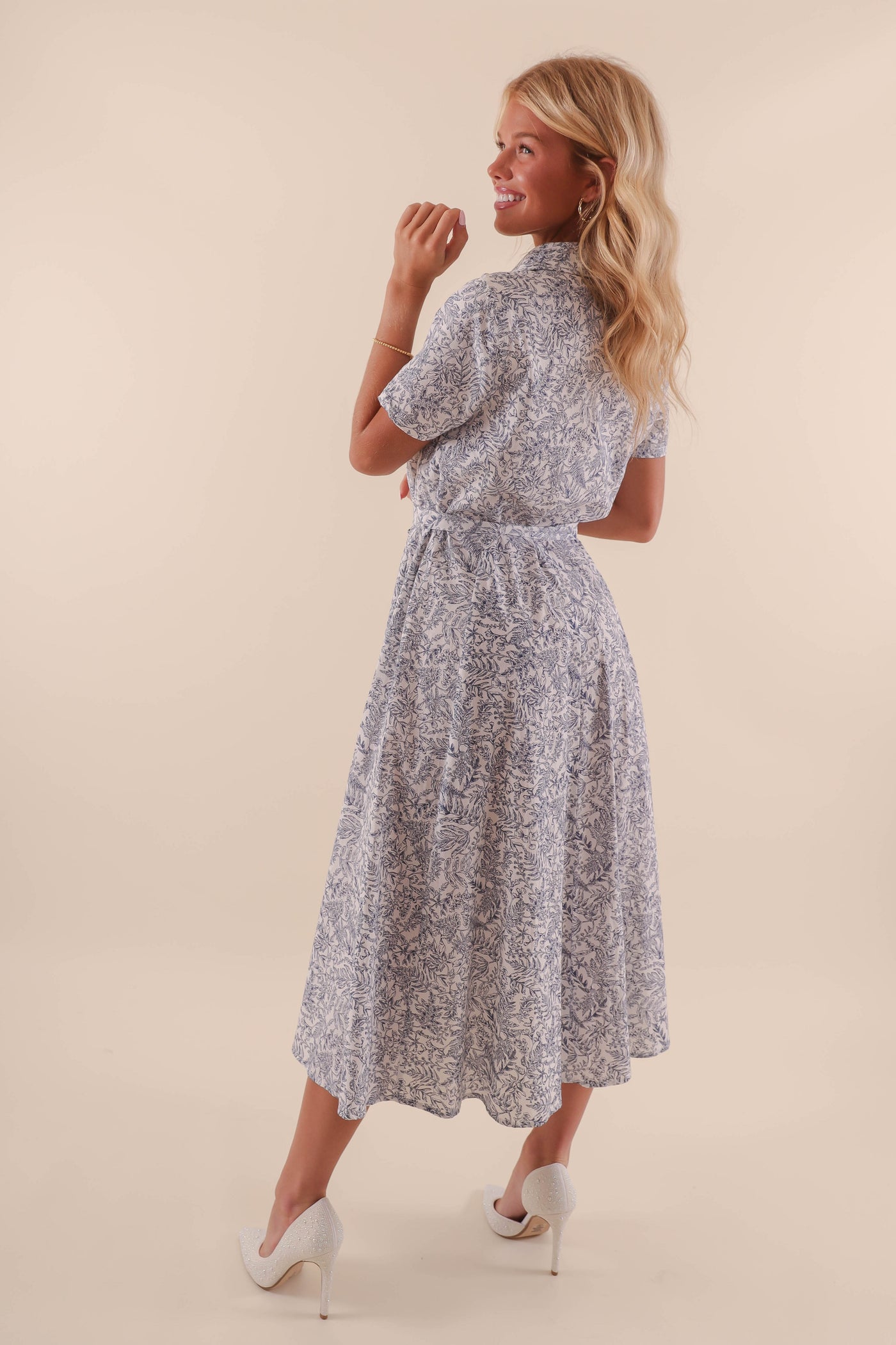 White and Blue Floral Button Down Midi Dress