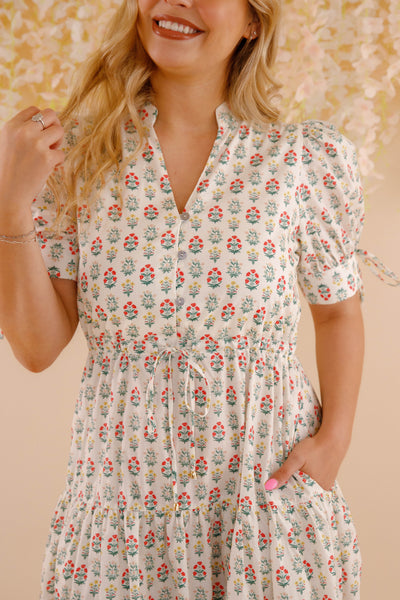 Floral Cotton Maxi Dress- Short Sleeve Dresses for Women- Entro Midi Dress