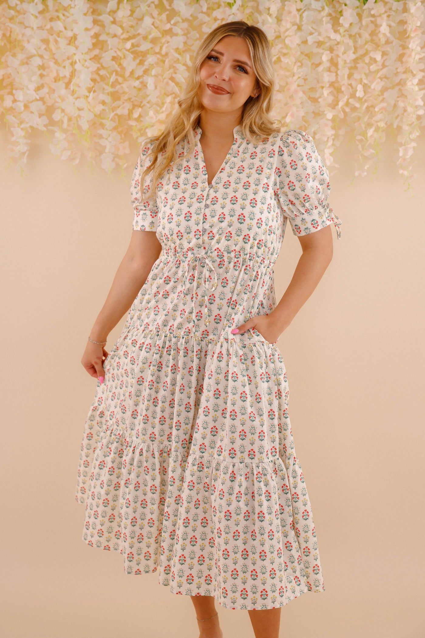 Floral Cotton Maxi Dress- Short Sleeve Dresses for Women- Entro Midi Dress