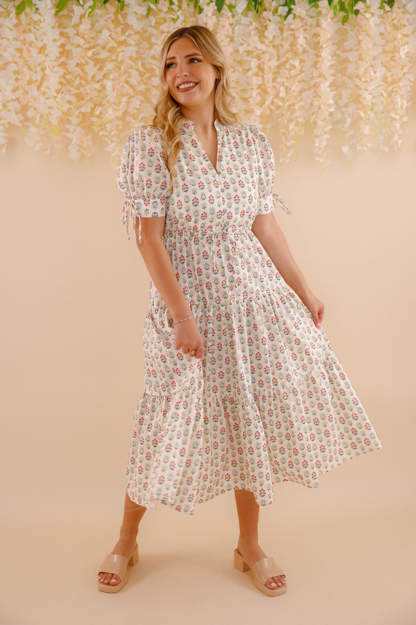 Floral Cotton Maxi Dress- Short Sleeve Dresses for Women- Entro Midi Dress