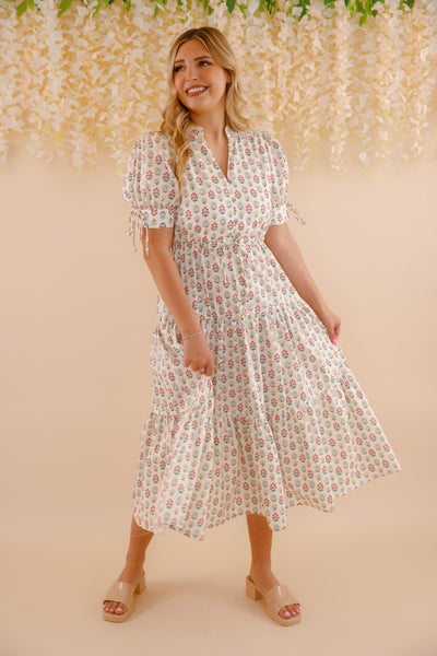 Floral Cotton Maxi Dress- Short Sleeve Dresses for Women- Entro Midi Dress