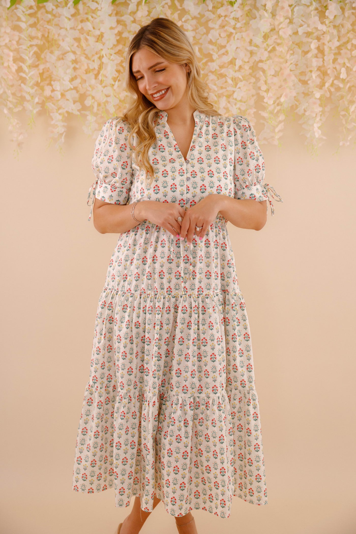 Floral Cotton Maxi Dress- Short Sleeve Dresses for Women- Entro Midi Dress