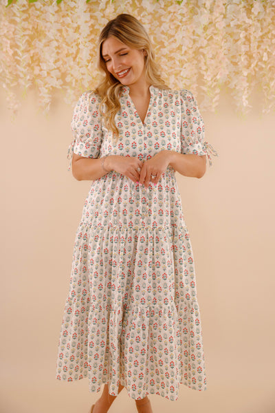 Floral Cotton Maxi Dress- Short Sleeve Dresses for Women- Entro Midi Dress