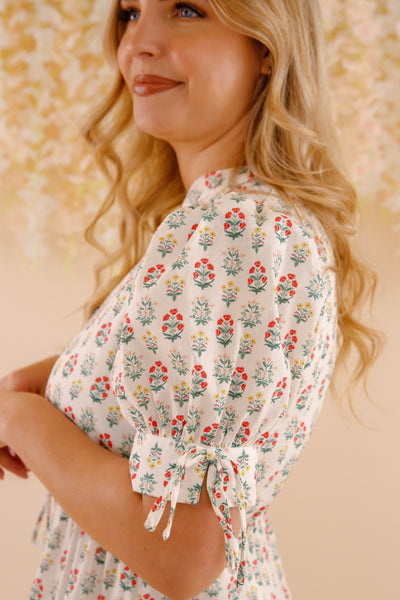 Floral Cotton Maxi Dress- Short Sleeve Dresses for Women- Entro Midi Dress