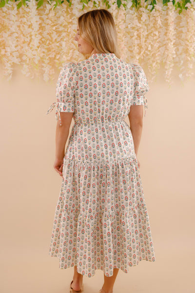 Floral Cotton Maxi Dress- Short Sleeve Dresses for Women- Entro Midi Dress