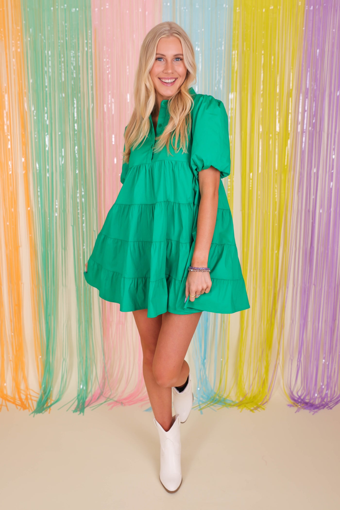 Tiered Button Down Dress- Kelly Green Mini Dress- BlueB Dresses