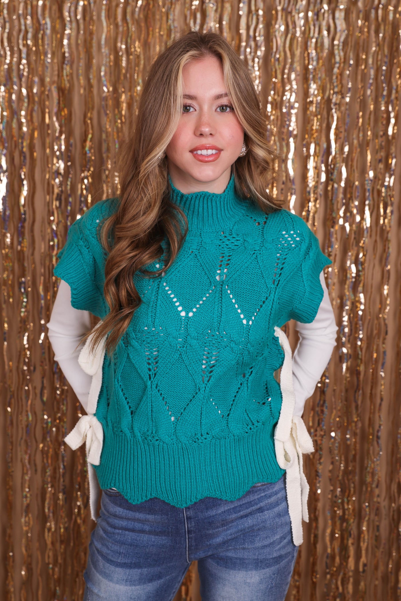 Women's Knit Sweater Vest- Women's Chic Scalloped Sweater With Bows- &Merci Sweaters