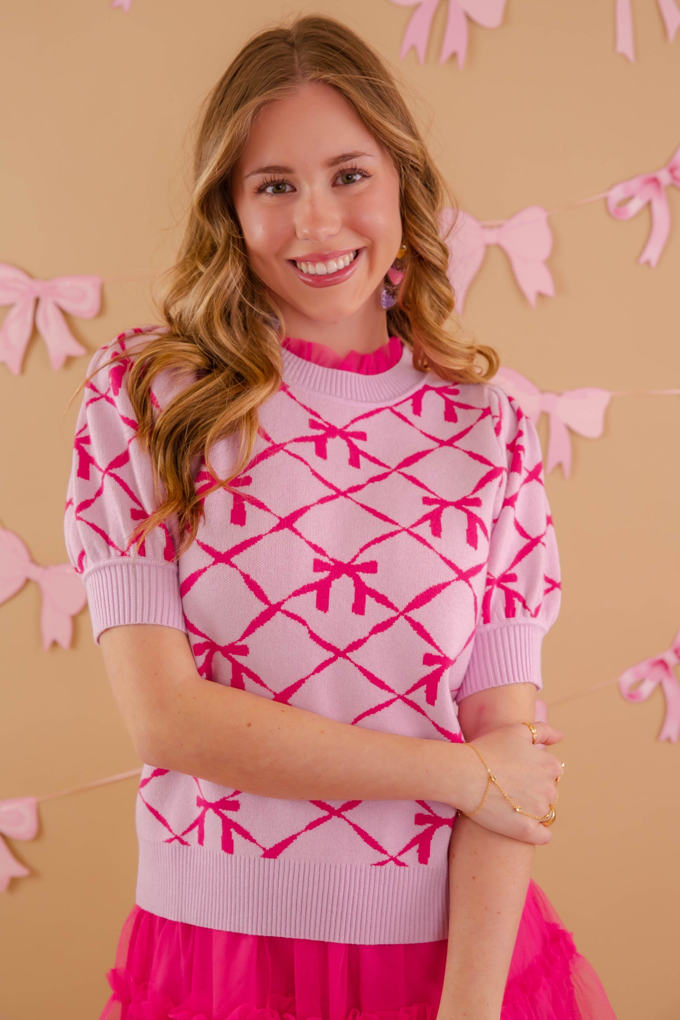 Pink Short Sleeve Bow Sweater- Women's Preppy Bow Top- &Merci Sweaters