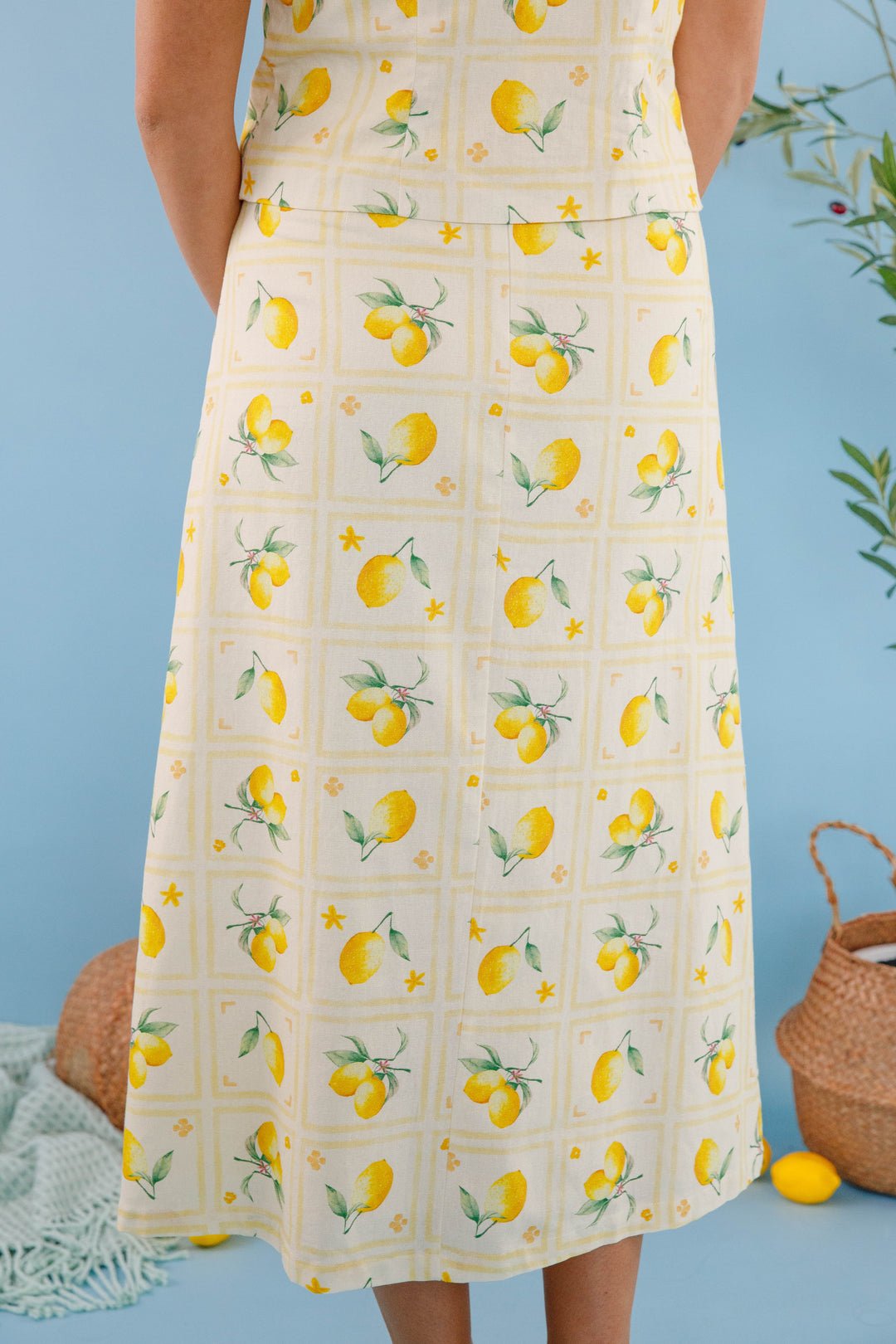 Lemon Print Maxi Skirt- A-Line Linen Skirt- Women's Lemon Print
