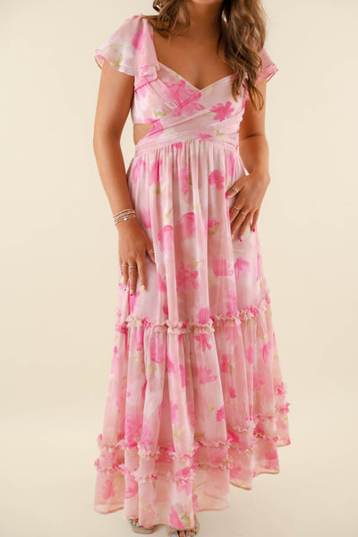 Watercolor Floral Pattern Maxi- Ruffle Pink Maxi Dress- BluPepper Pink Dress