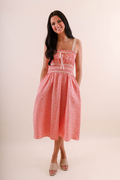 Light Pink Floral Midi Dress- Jacquard Midi Dress- Women's Pink Dress With Bows