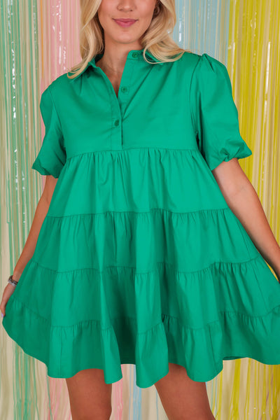 Tiered Button Down Dress- Kelly Green Mini Dress- BlueB Dresses