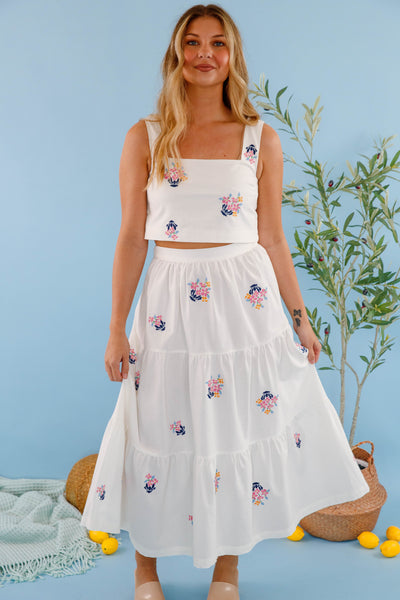 Floral Embroidery Two Piece Set- Women's Cropped Midi Skirt- Women's Vacation Outfits