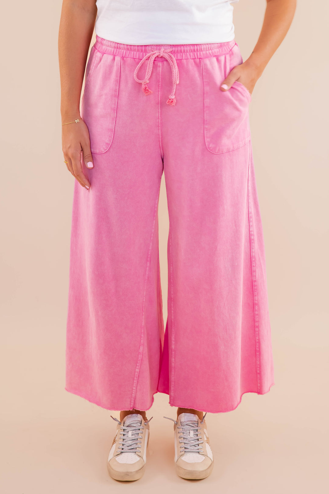 Pink Mineral Wash Travel Pants- Comfy Pink Cropped Pants- Easel