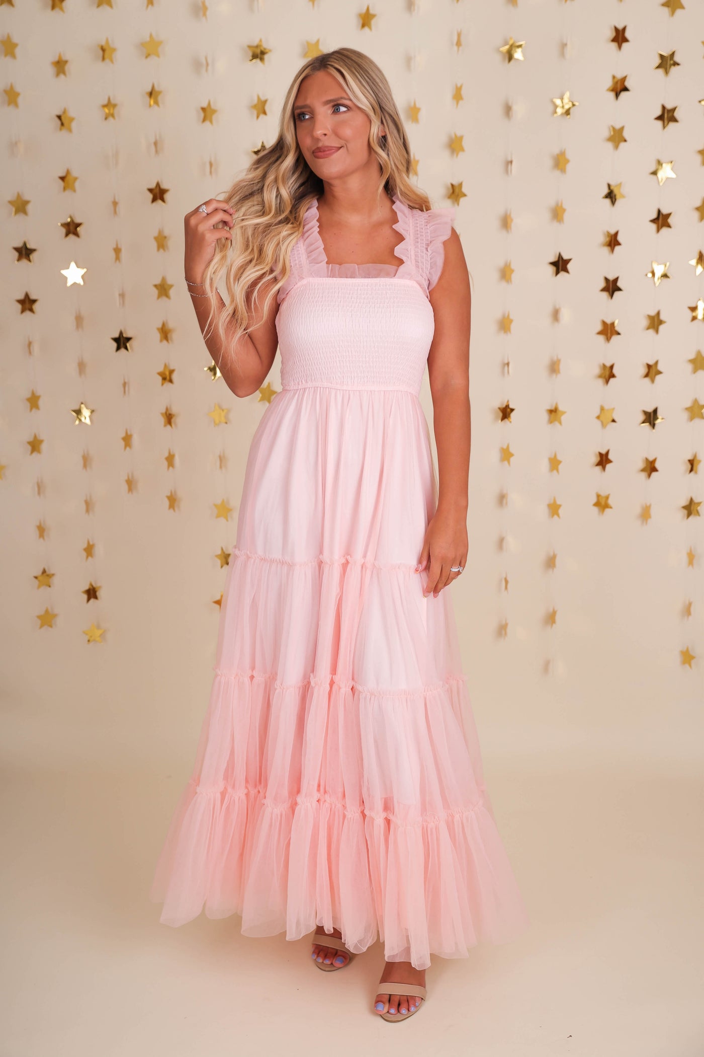 Blush Pink Tulle Maxi Dress- Women's Cocktail Dresses- Mable Pink Tulle Dress