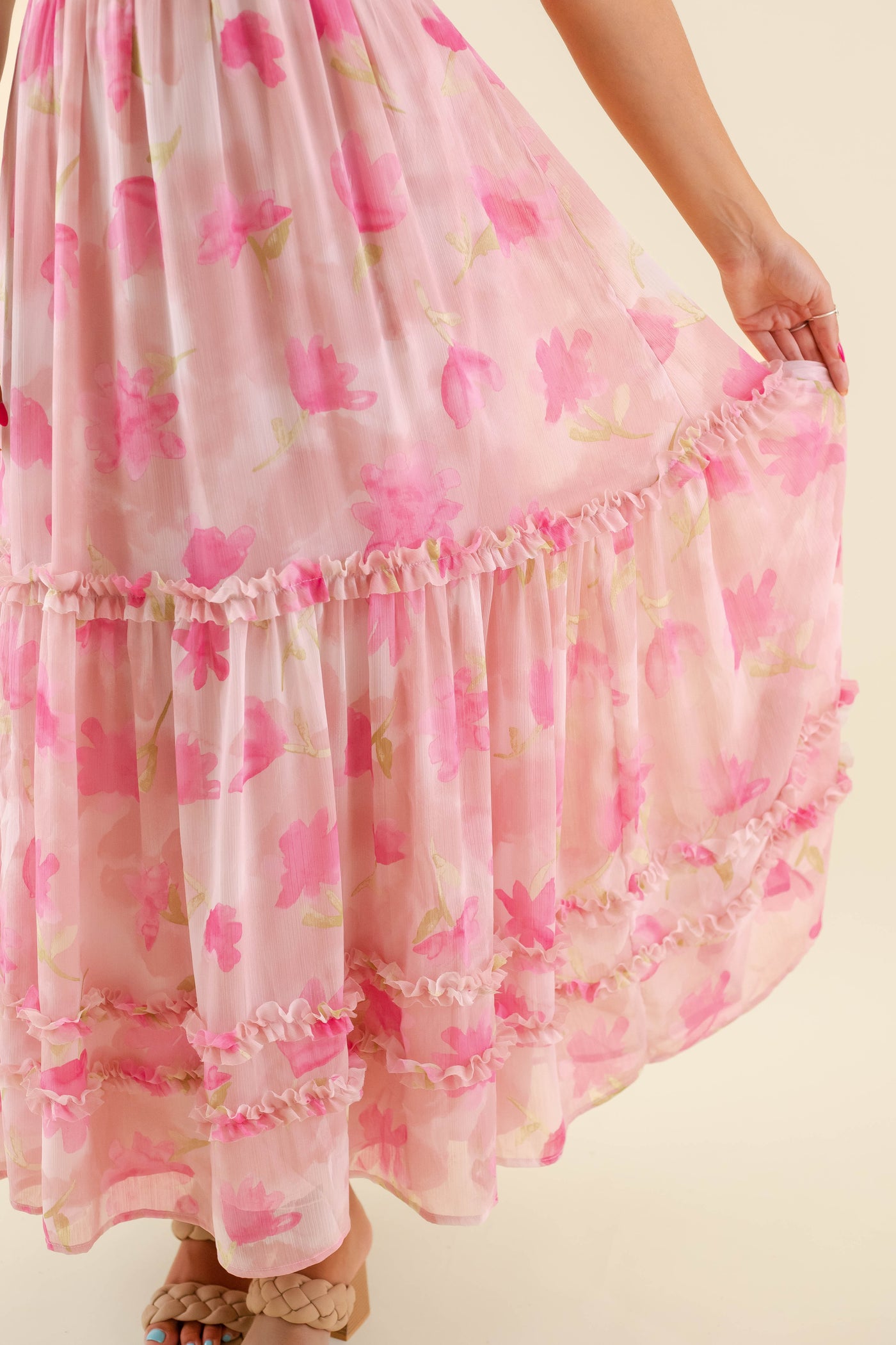 Watercolor Floral Pattern Maxi- Ruffle Pink Maxi Dress- BluPepper Pink Dress