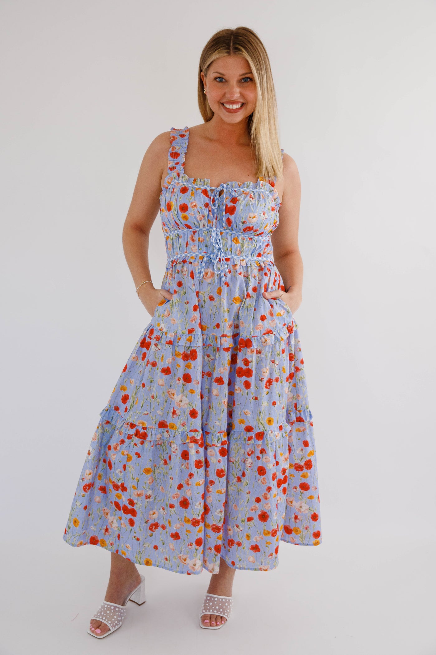 entro blue midi dress Floral Smocked Midi Dress- Women's Blue Spring Dresses- Entro Floral Midi Large