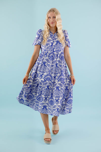 Women's Collared Midi Dress- Blue and White Print Midi