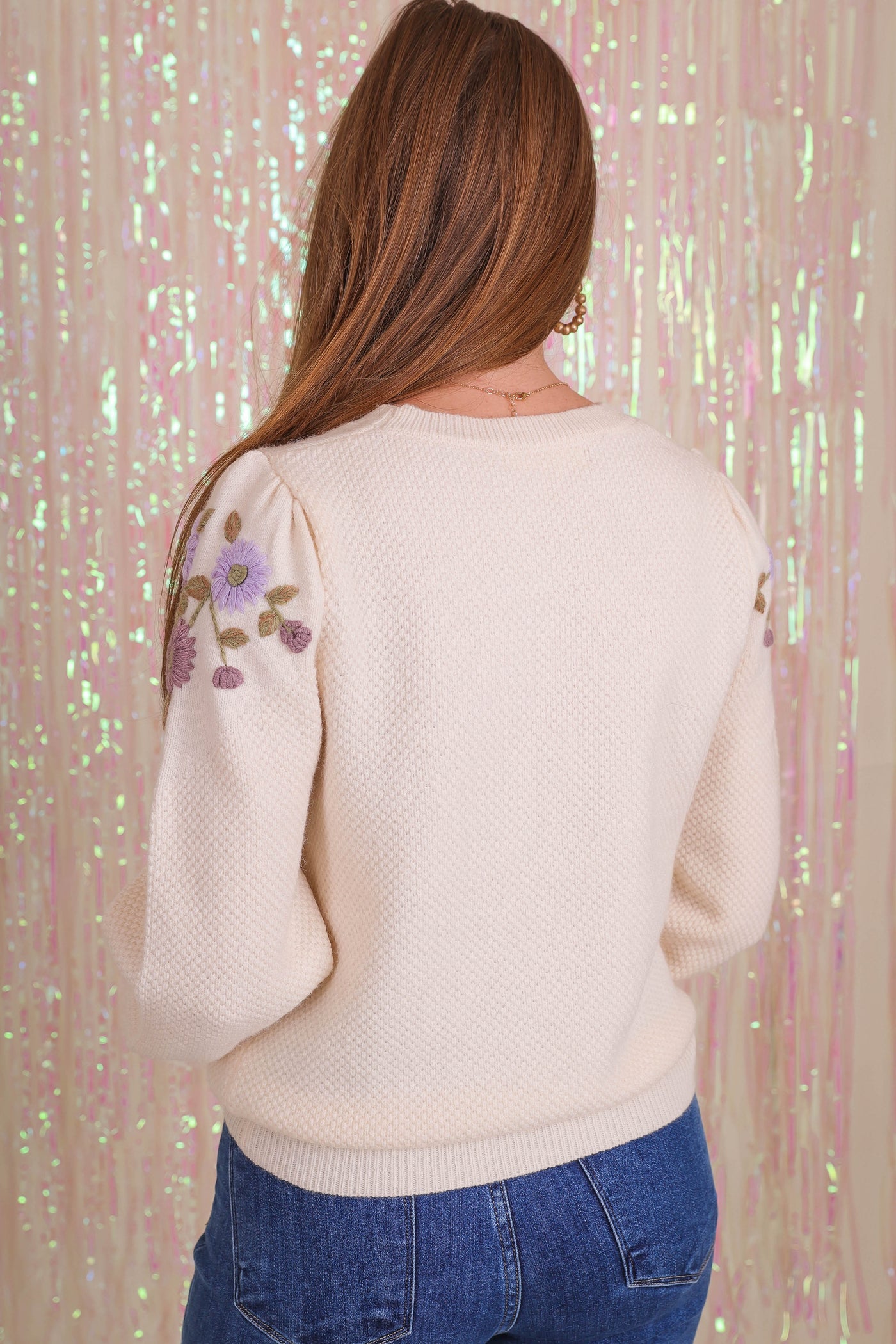 Women's Flower Embroidered Sweater- Women's Preppy Sweaters- See and Be Seen Sweater