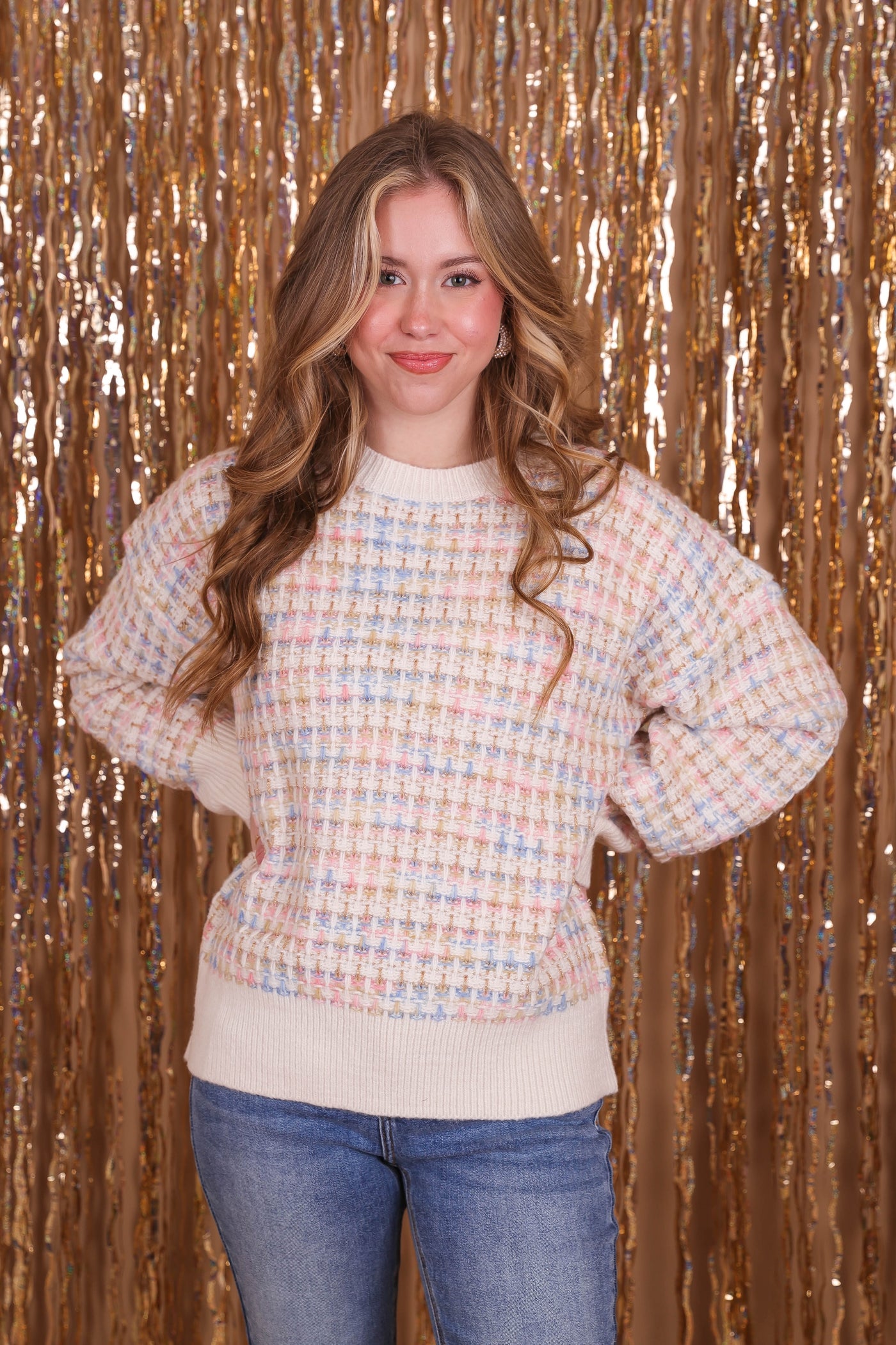 Women's Pastel Tweed Sweater- Women's Chic Tweed Sweater