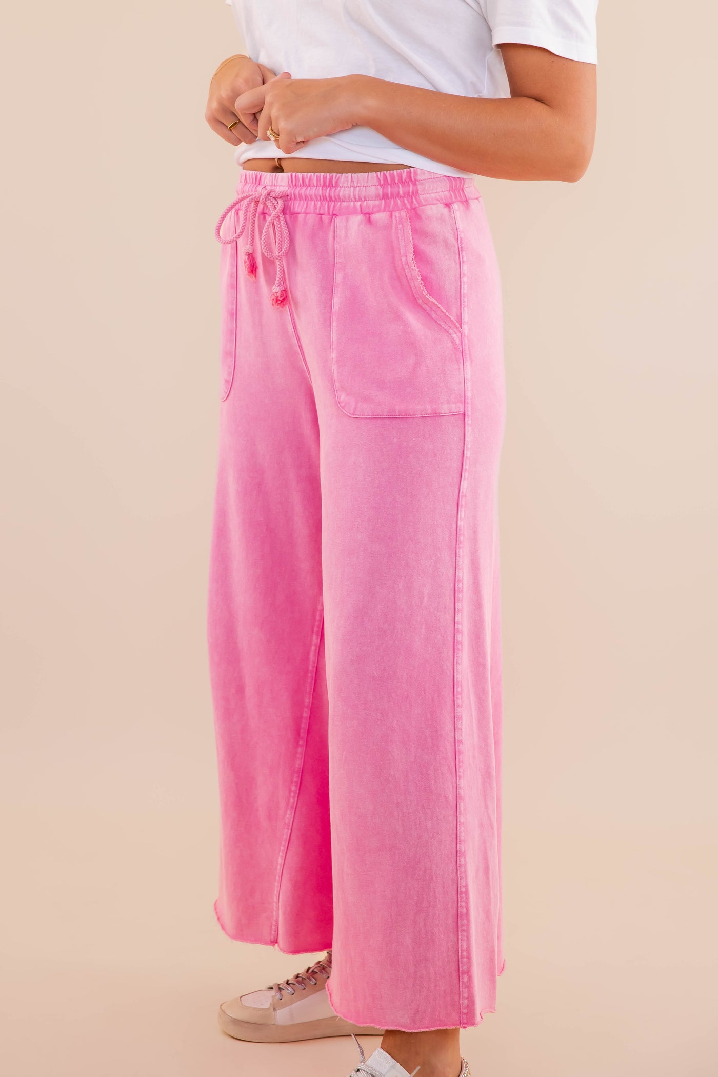 Pink Mineral Wash Travel Pants- Comfy Pink Cropped Pants- Easel Cropped Pants
