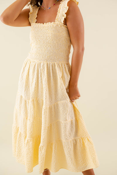 Women's Yellow Seersucker Midi Dress- Women's Preppy Dresses- Yellow Gingham Midi Dress