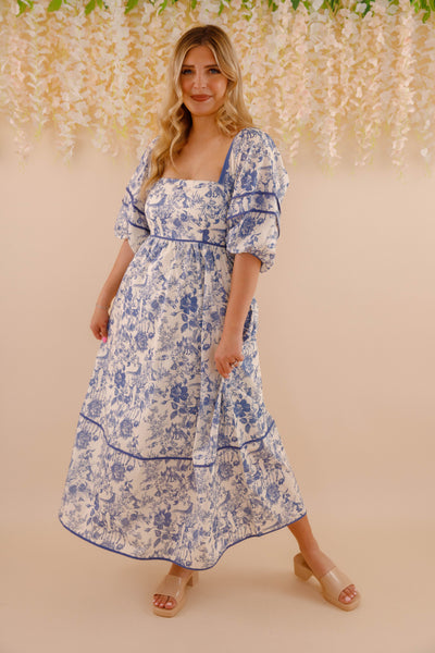 Woodland Toile Print Dress- Puff Sleeve Cotton Dress- Women's Navy Blue Dress