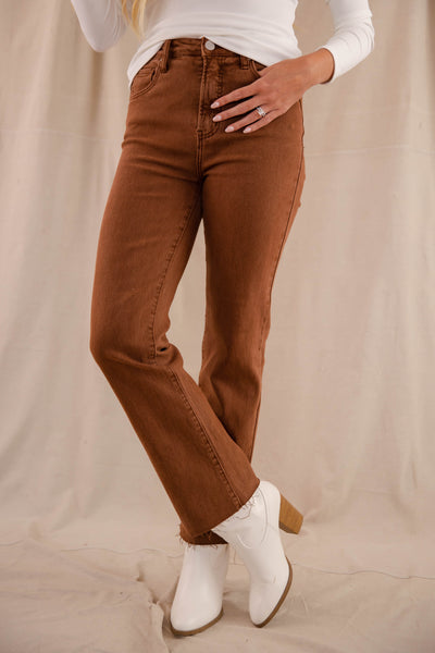 Women's Espresso Jeans- Straight Leg Brown Pants- Women's Risen Jeans