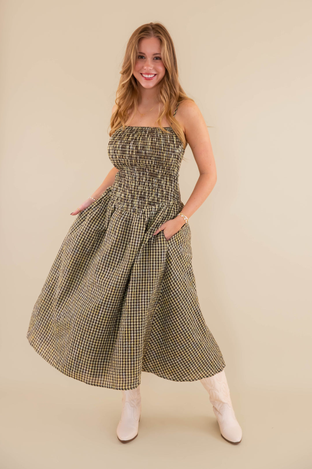 fitted gingham midi dress Gingham Smocked Midi Dress- Smocked Front Bodice Dress- Creamon Gingham  Dress – Juliana's Boutique