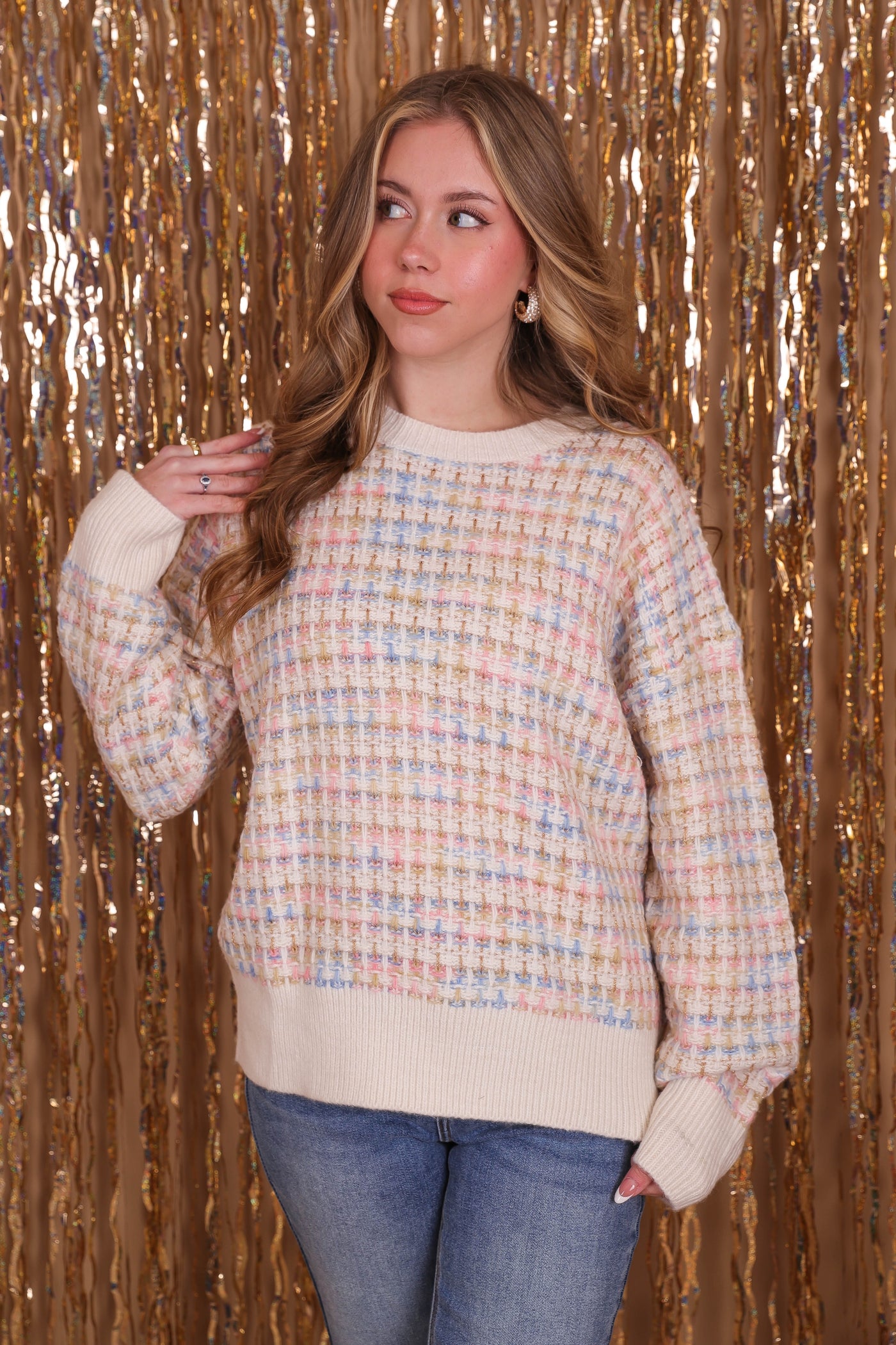 Women's Pastel Tweed Sweater- Women's Chic Tweed Sweater