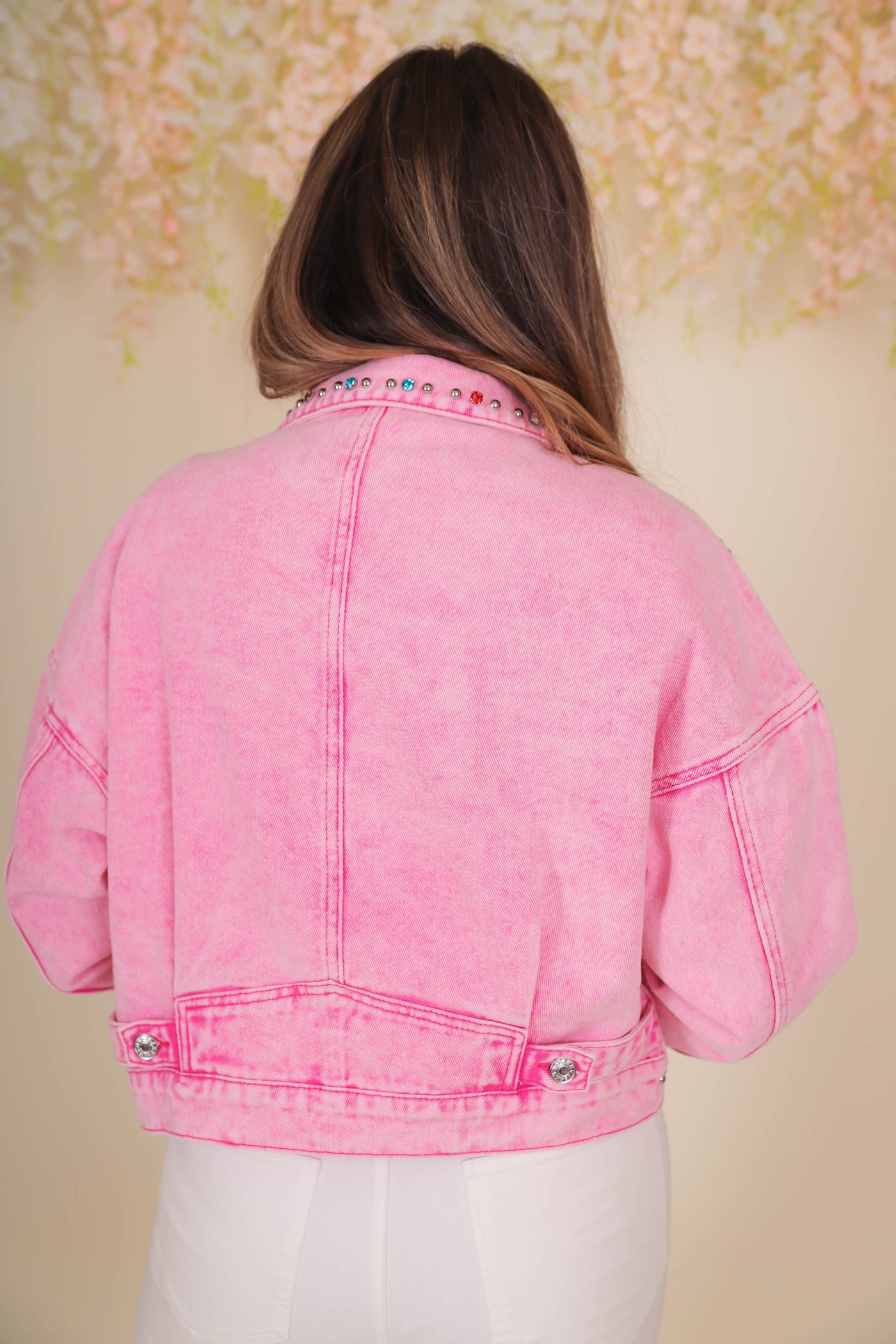 Hot Pink Acid Wash Jacket- Pink Denim Rhinestone Jacket- Timing Denim Jacket