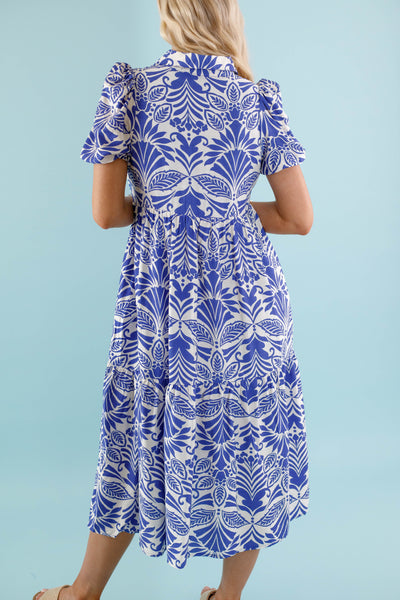 Women's Collared Midi Dress- Blue and White Print Midi