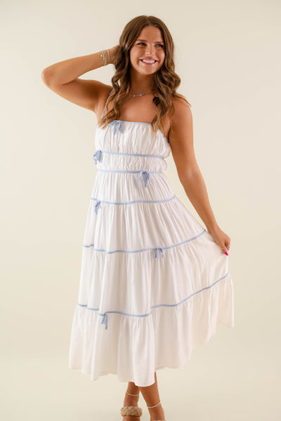 Women's Blue Bow Dress- Dainty Bow Midi Dress- Women's Preppy Dresses