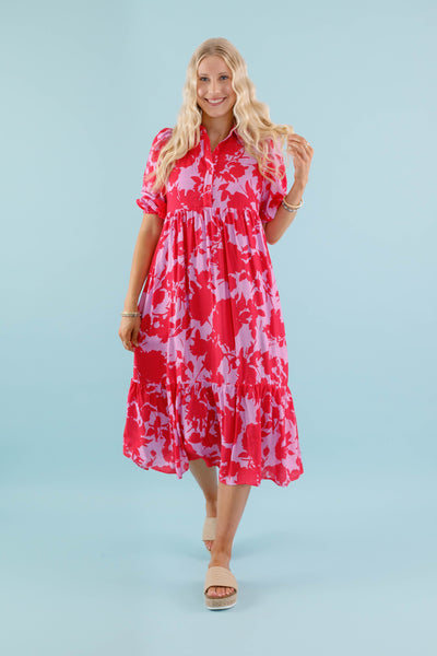 Red and Pink Floral Midi Dress- Women's Collared Midi Dress