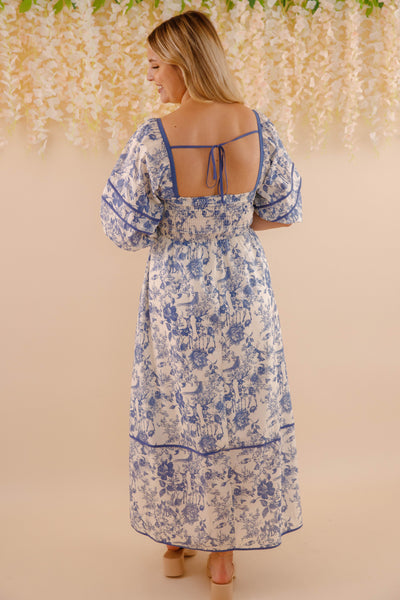 Woodland Toile Print Dress- Puff Sleeve Cotton Dress- Women's Navy Blue Dress