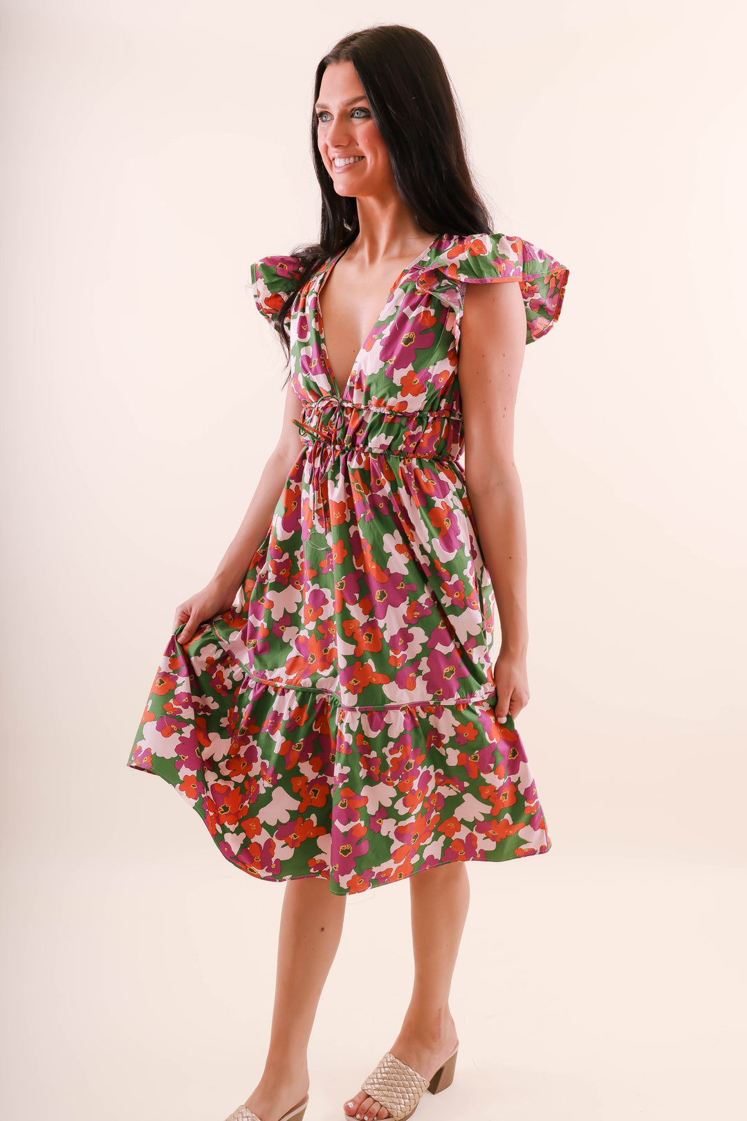 knee length dresses for ladies Stretch Cotton White Floral Polka Dot Midi Dress