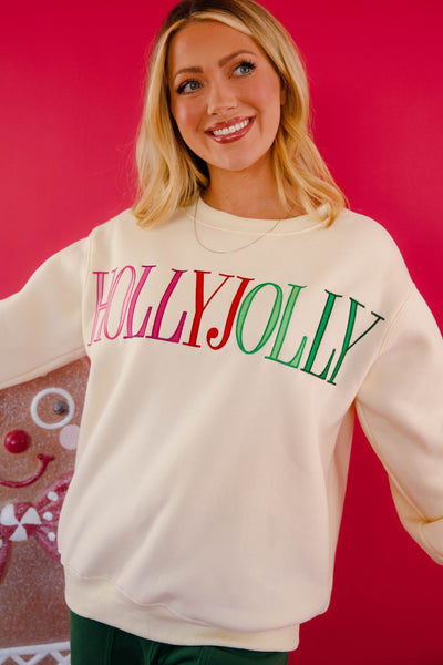 Holly Jolly Embroidered Sweatshirt- Fleece Lined Christmas Pullover- Peach Love Holly Jolly Pullover