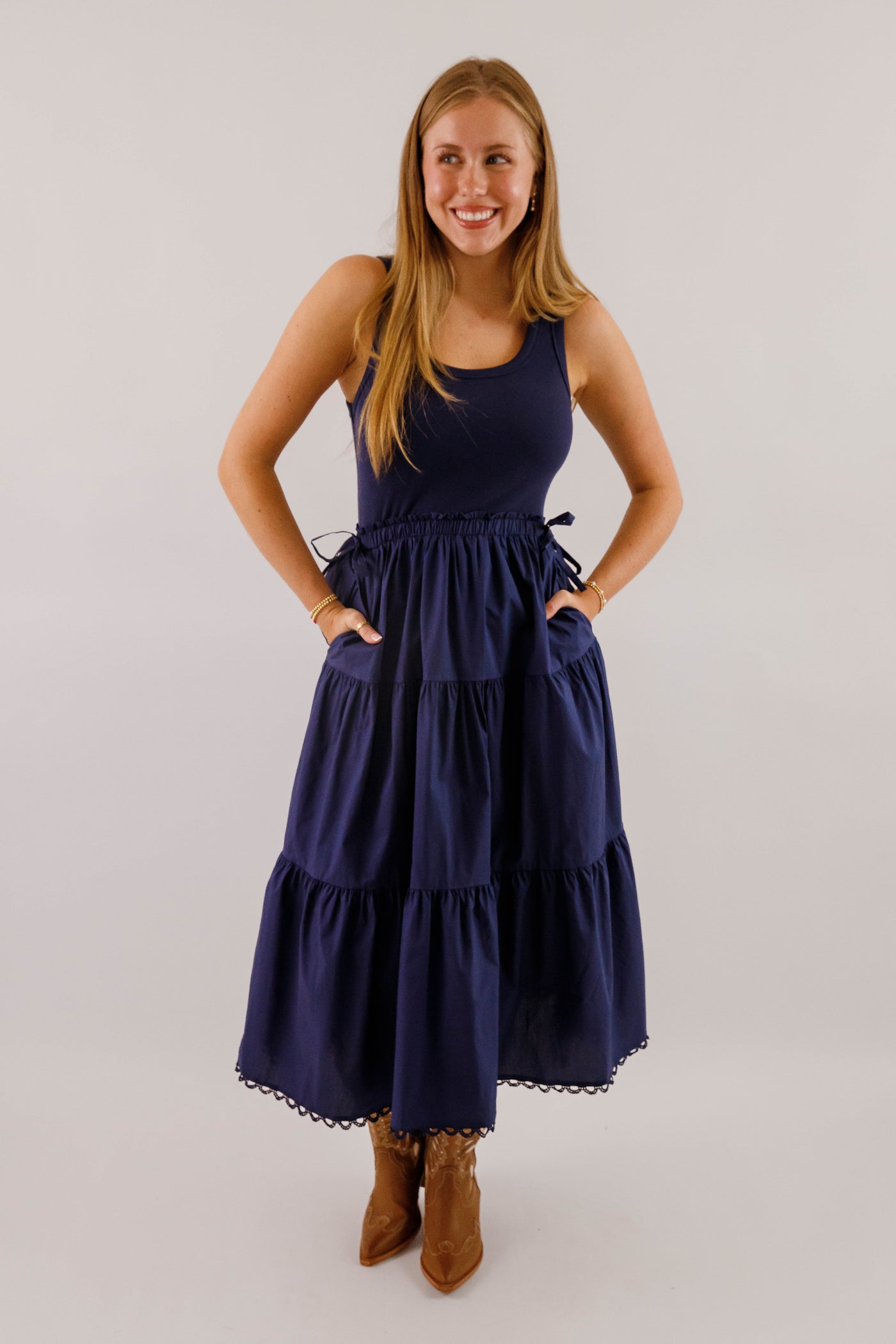 Women's Navy Cotton Mix Midi Dress- Simple Fall Dresses Medium