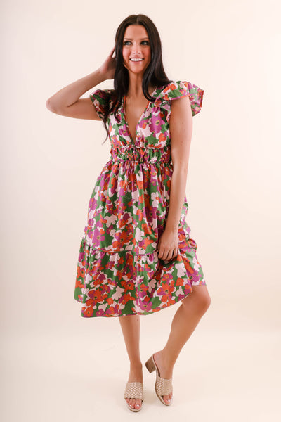 Cute Floral Print Midi Dress- Women's Cotton Dresses- Aureum Midi Dress