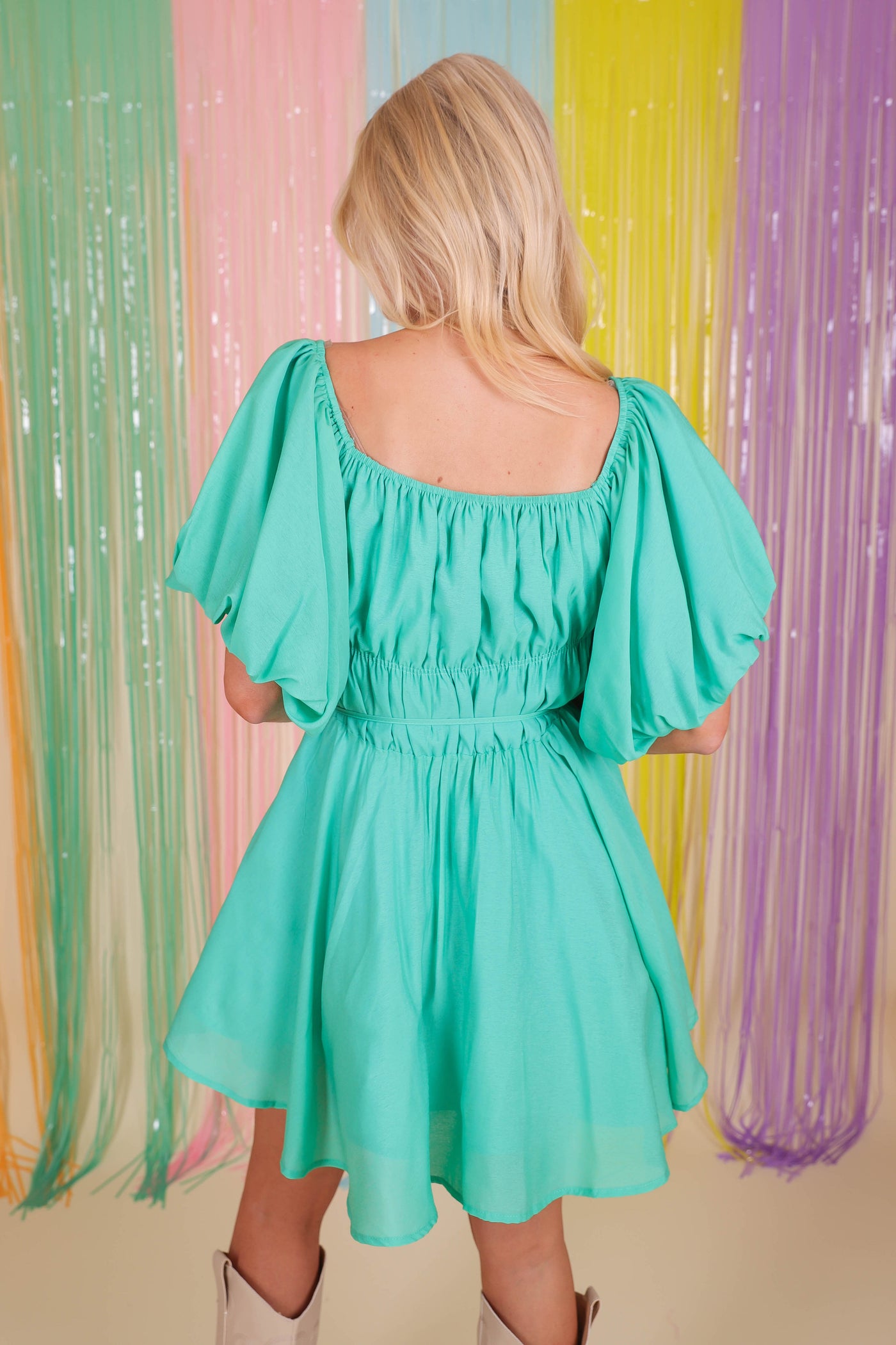 Women's Mini Dress- Mint Green Flirty Dress- &Merci Puff Sleeve Dress