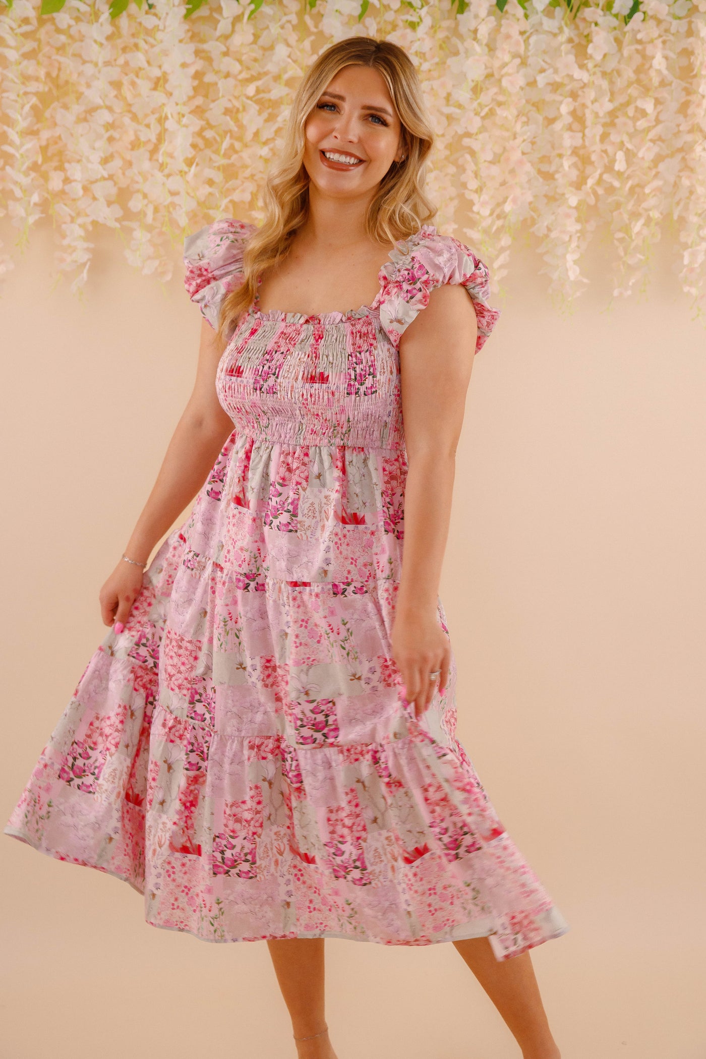 Floral Patchwork Midi Dress- Pink Feminine Floral Midi Dress- Patchwork Midi Dress by Aureum Juliana's Boutique Floral Patchwork Midi Dress- Pink Feminine Floral Midi Dress- Patchwork Midi Dress by Aureum Juliana's Boutique