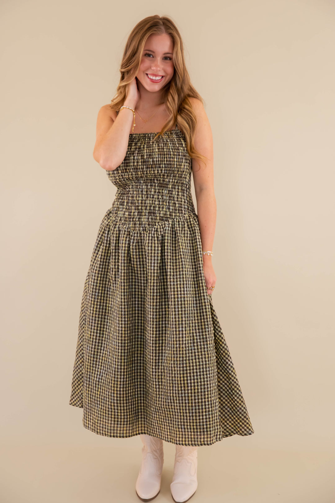 Gingham Smocked Midi Dress- Smocked Front Bodice Dress- Creamon Gingham  Dress – Juliana's Boutique