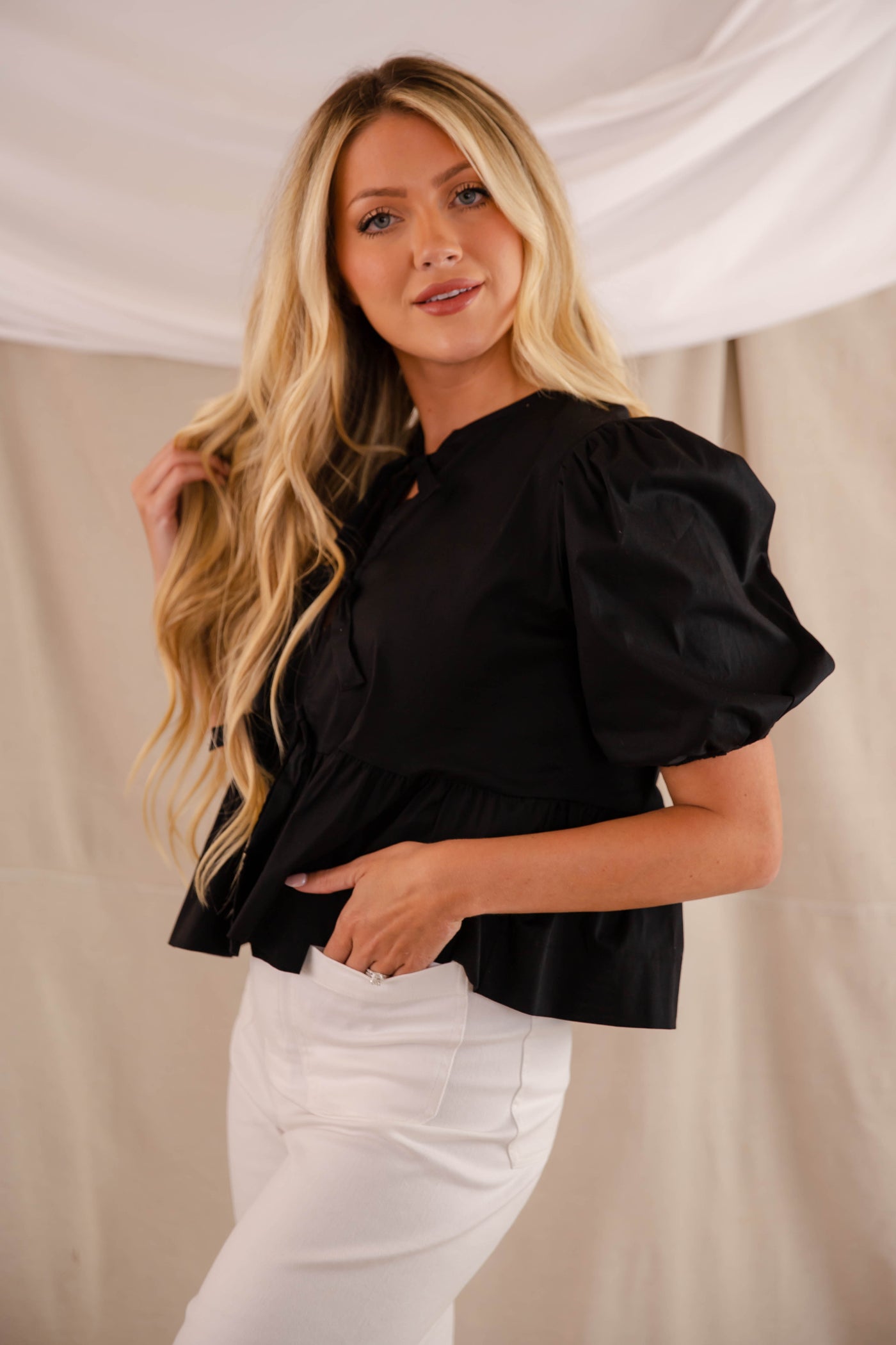 Peplum Bowtie Blouse- Women's Black Bow Top- Tie Front Blouse