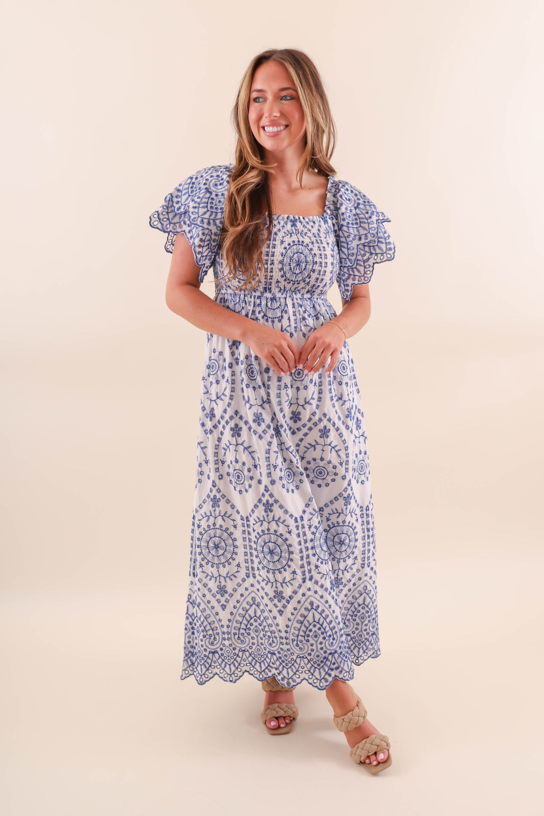 Women's White And Blue Maxi Dress- Blue Embroidered Maxi- Women's Coastal  Dresses – Juliana's Boutique