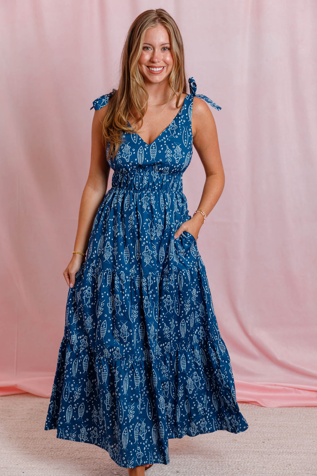 fish maxi dress Blue Coastal Print Dress- Women's Vacation Dresses- THML Fish Small Color:LILAC gold slit gown Whether its a red Long Sleeve Long Lavender
