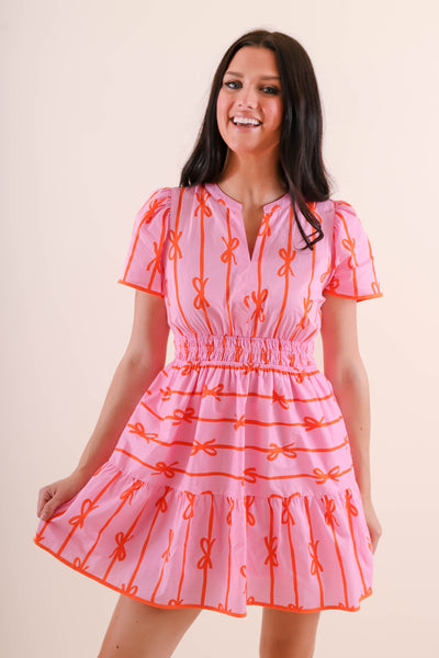 Women's Preppy Bow Dress- Pink Dress with Orange Bows- Umgee Pink and Orange Bow Dress