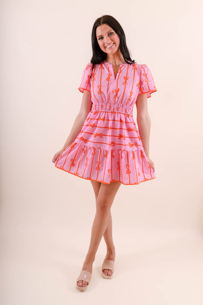 Women's Preppy Bow Dress- Pink Dress with Orange Bows- Umgee Pink and Orange Bow Dress